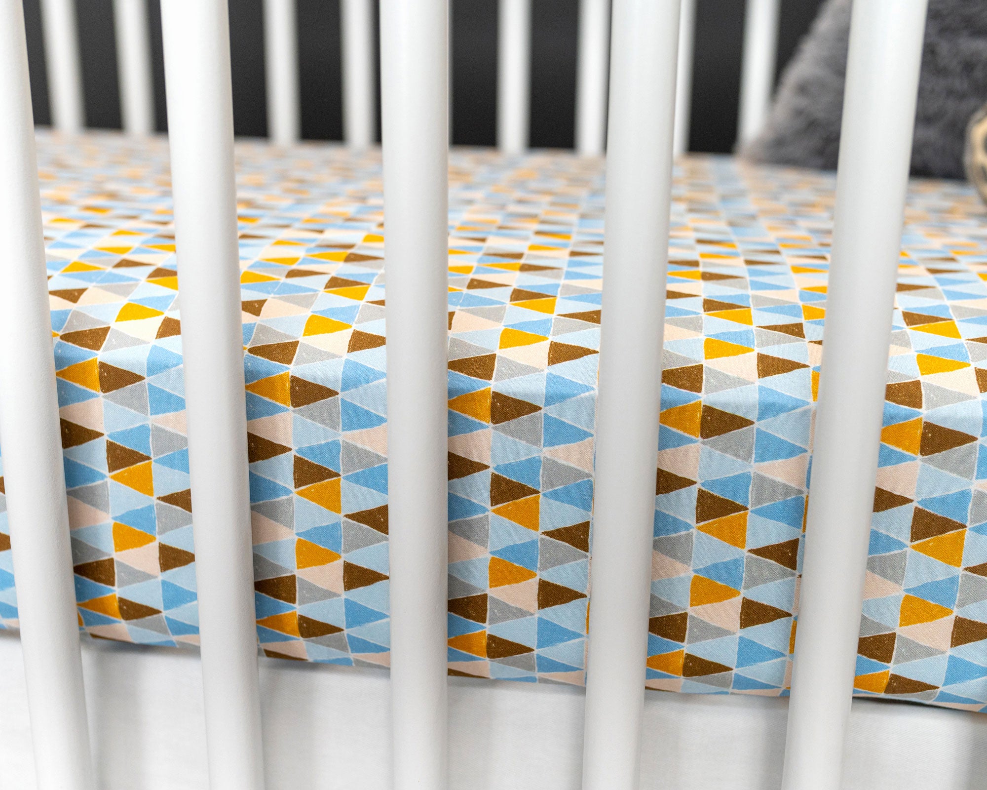 Blue Banners Marching - Fitted Crib Sheet - Blue/Topaz/Umber Triangles - Olli+Lime